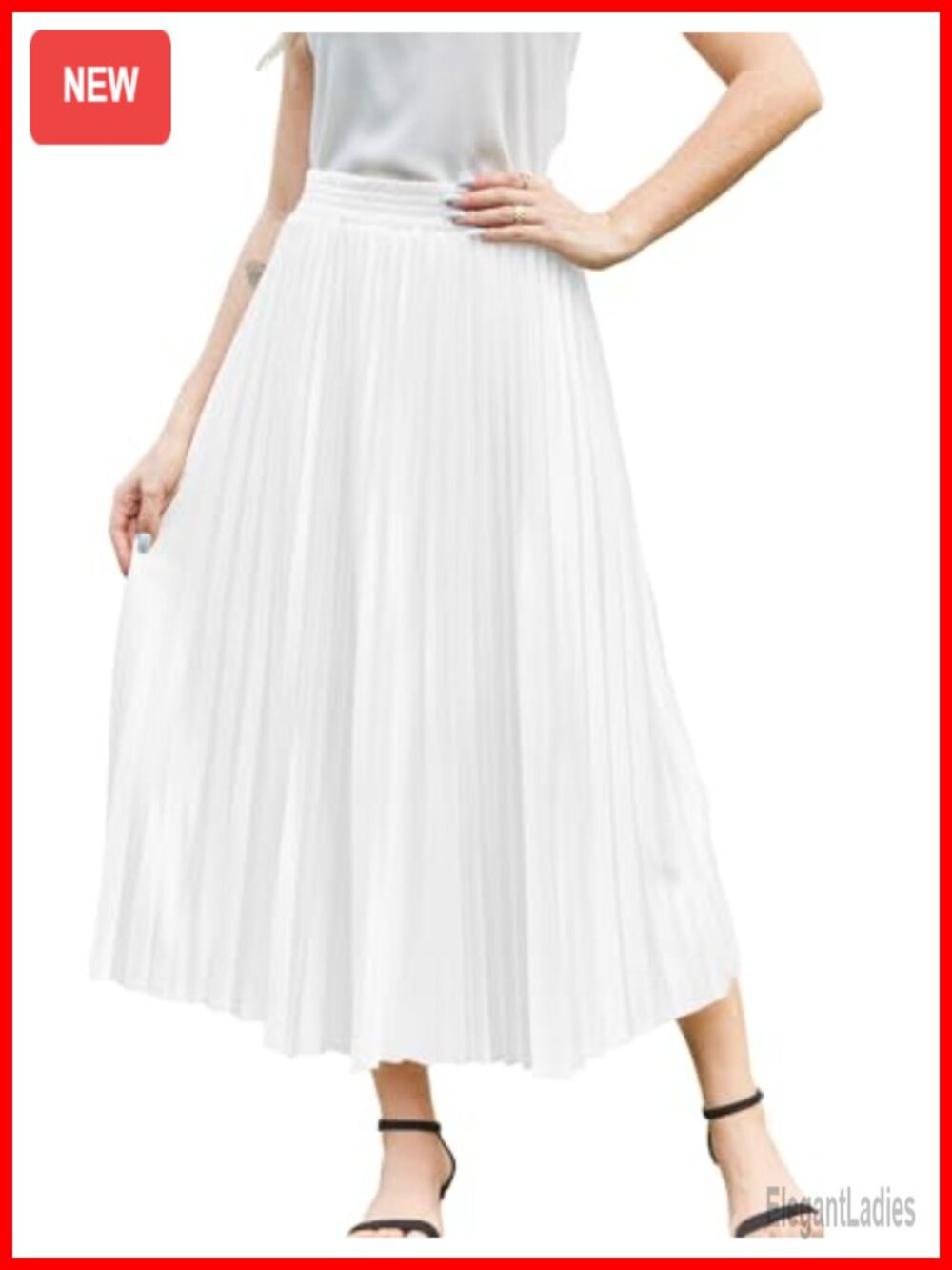 High Waist Pleated Midi Skirt Elastic A-Line Flowy 100% Polyester